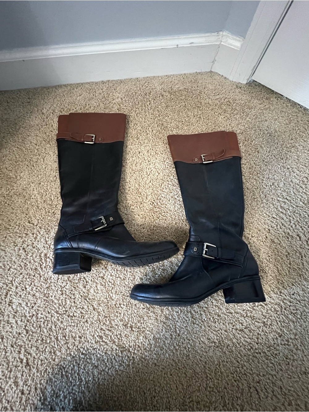 Bandolino Two-Tone Black and Brown Mid-Calf Riding Boots